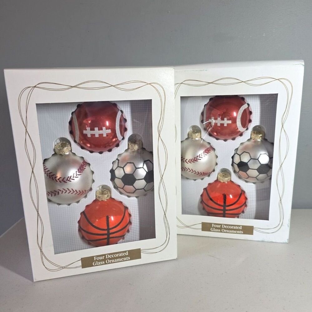 Lot of 2 Vintage 2001 Target Glass Sports Christmas Ornaments Boxed Sets USA Y2K